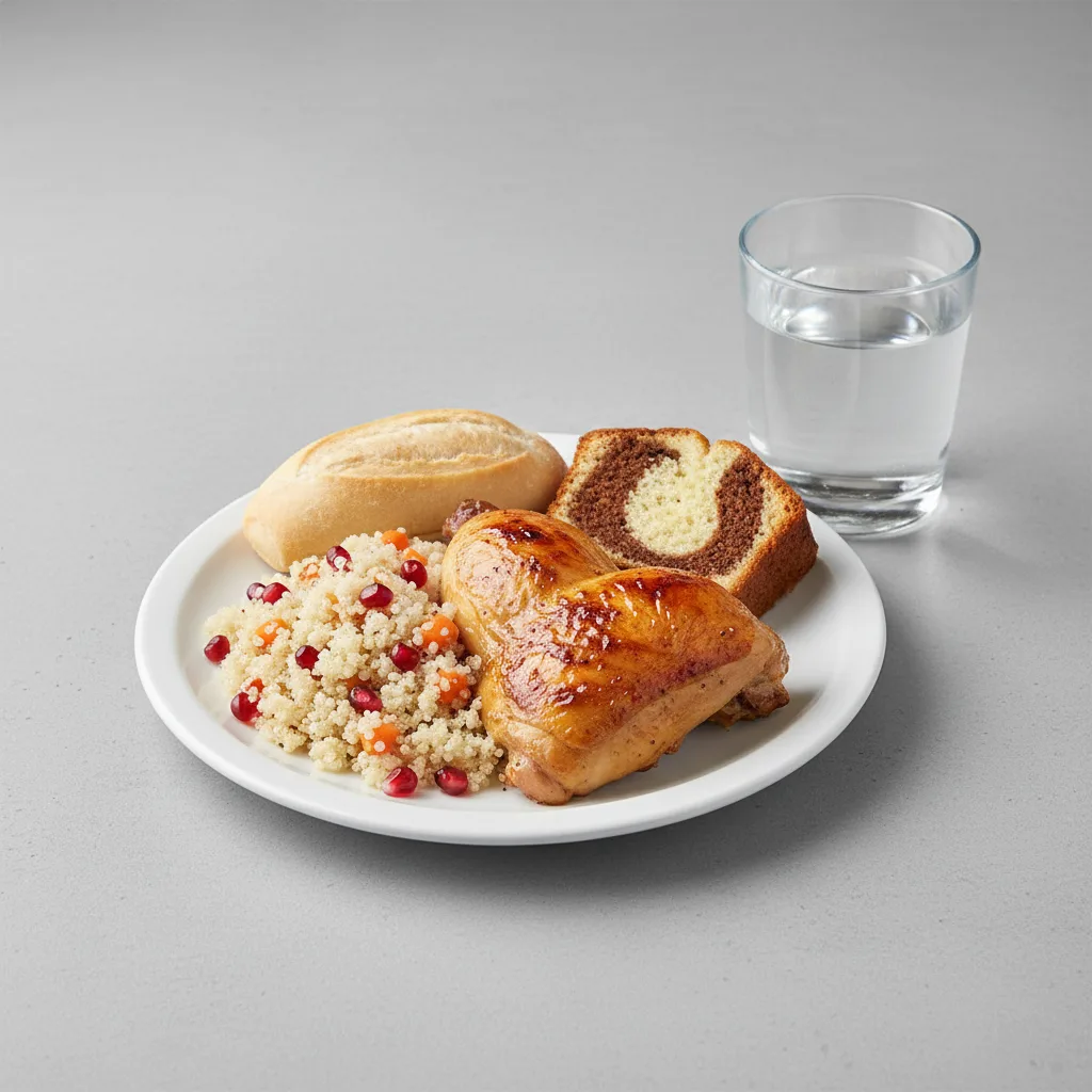Spit-roasted Chicken, Quinoa, Poundcake, Water Spit-roasted Chicken, Quinoa, Poundcake, Water