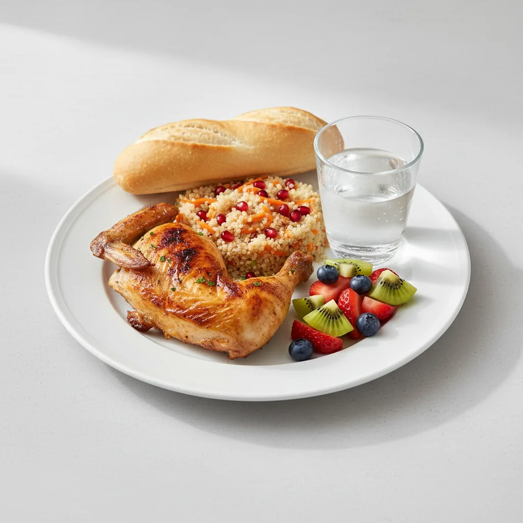 Spit-roasted Chicken, Quinoa, Fruit, Water Spit-roasted Chicken, Quinoa, Fruit, Water