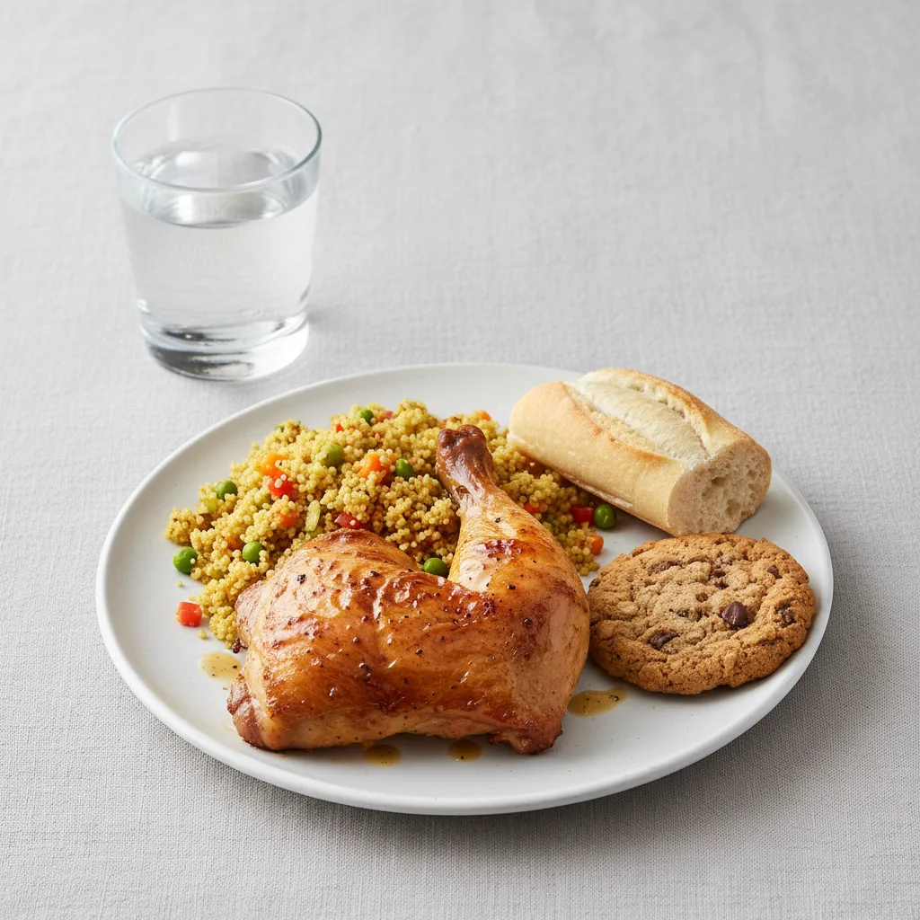 Spit-roasted Chicken, Curried Vegetable Couscous, Cookie, Water Spit-roasted Chicken, Curried Vegetable Couscous, Cookie, Water
