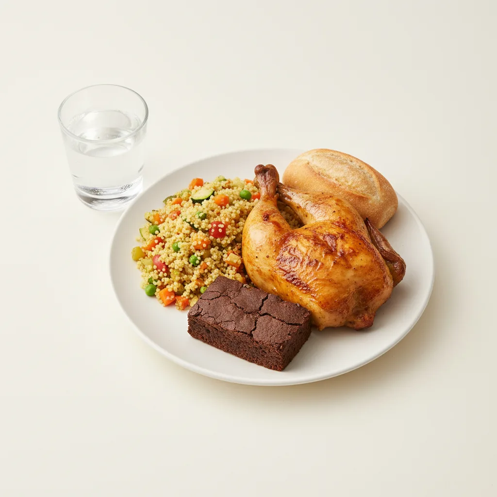 Spit-roasted Chicken, Curried Vegetable Couscous, Brownie, Water Spit-roasted Chicken, Curried Vegetable Couscous, Brownie, Water