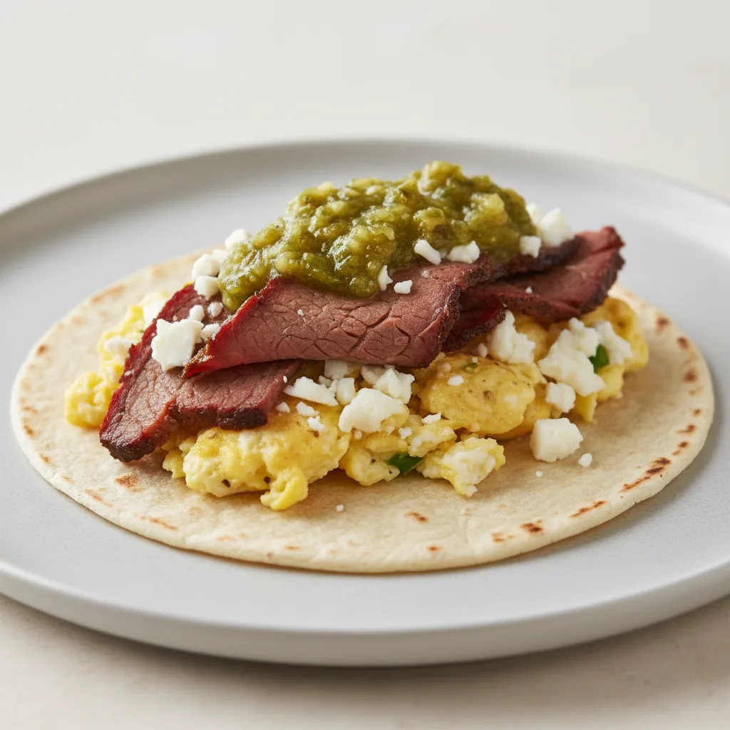Brisket, Egg, and Cheese with Green Salsa