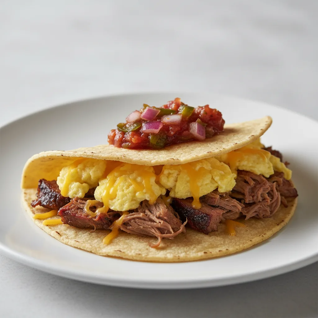 Brisket, Egg, and Cheese with Red Spicy Salsa