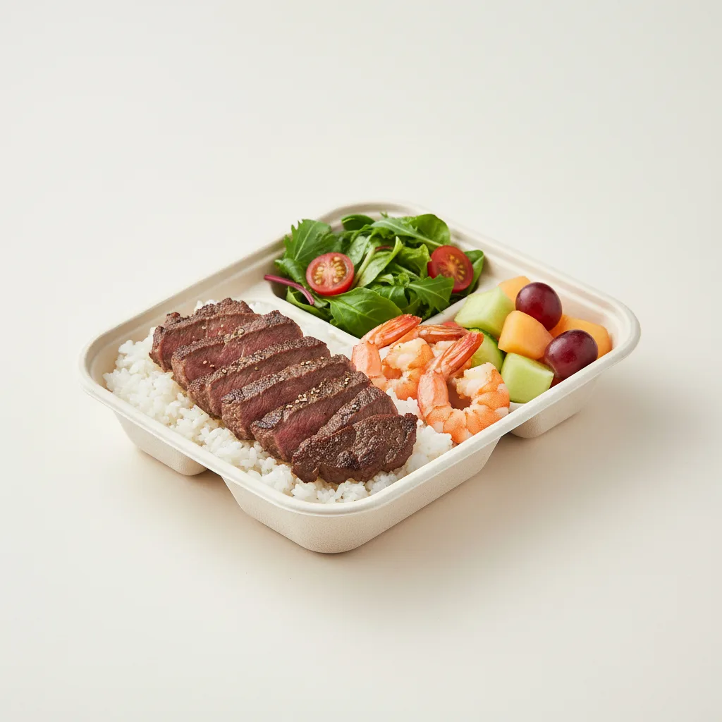 Steamed Rice Ribeye and Shrimp Bento Box Steamed Rice Ribeye and Shrimp Bento Box