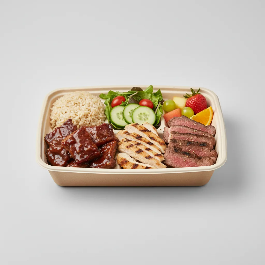 Brown Rice Short Rib, Chicken, and Ribeye Bento Box Brown Rice Short Rib, Chicken, and Ribeye Bento Box