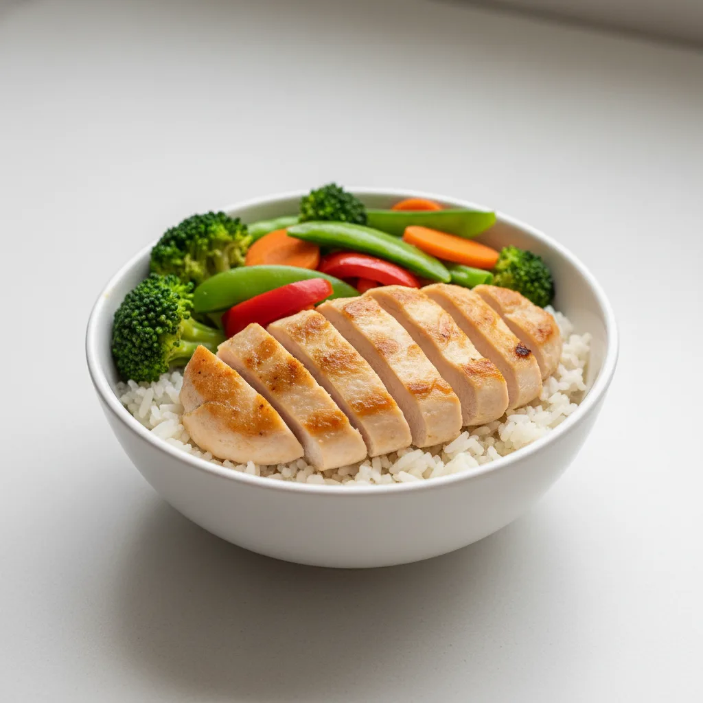Steamed Rice Chicken Bowl with Veggies Steamed Rice Chicken Bowl with Veggies
