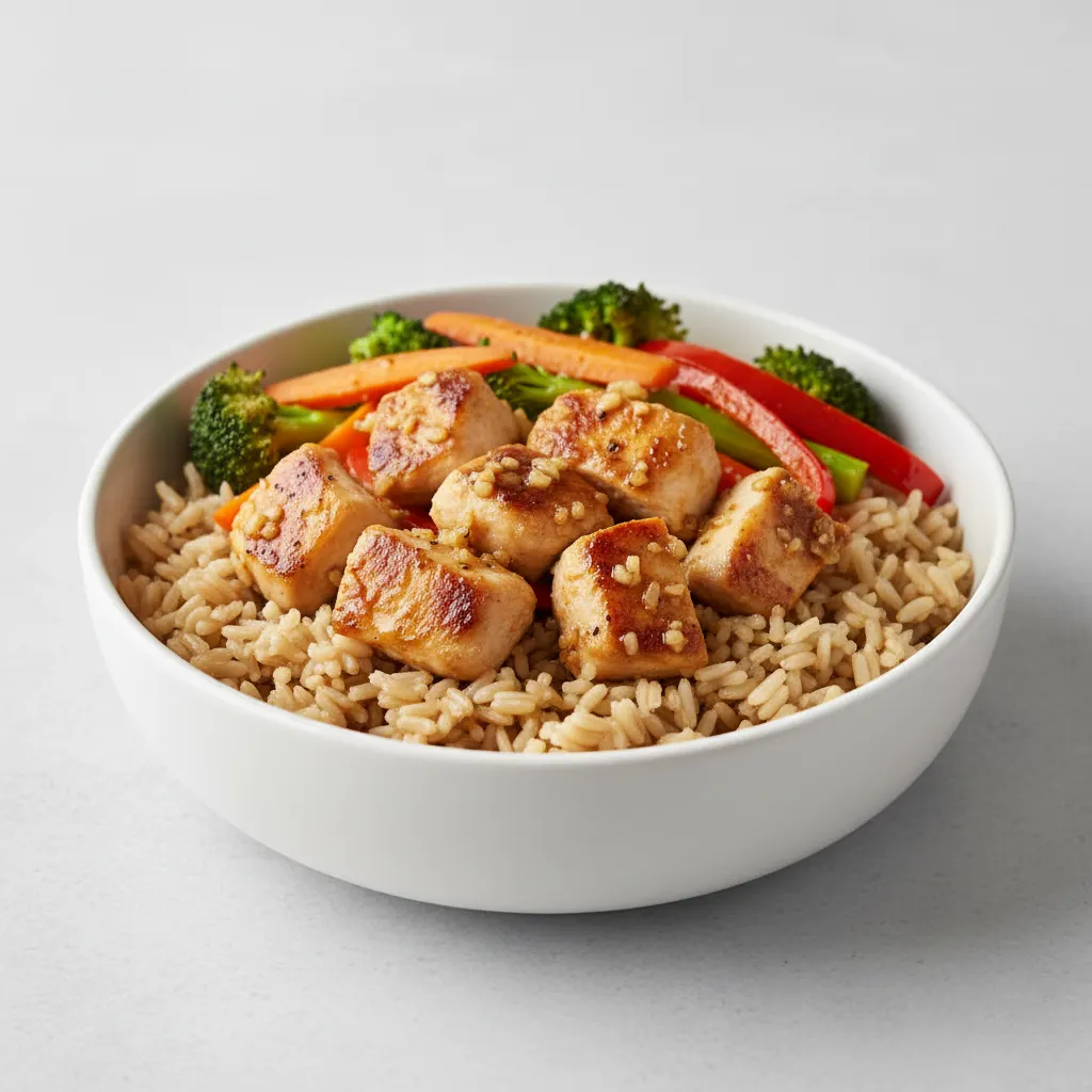 Brown Rice Garlic Butter Chicken Bowl with Veggies Brown Rice Garlic Butter Chicken Bowl with Veggies
