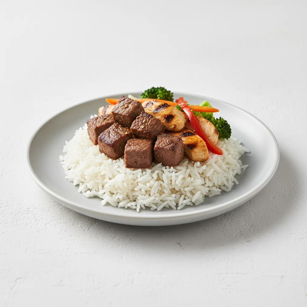 Steamed Rice Steak and Chicken Bowl with Veggies Steamed Rice Steak and Chicken Bowl with Veggies