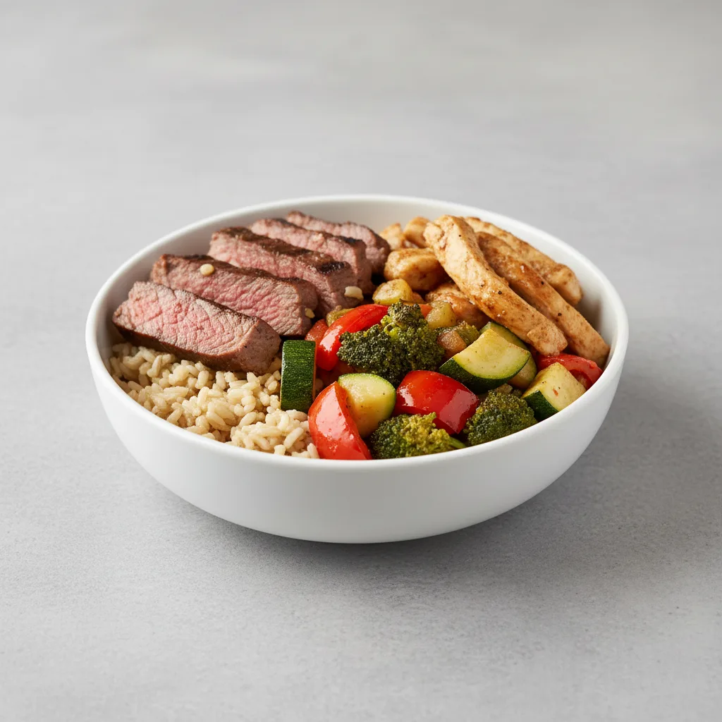 Brown Rice Steak and Chicken Bowl with Veggies Brown Rice Steak and Chicken Bowl with Veggies