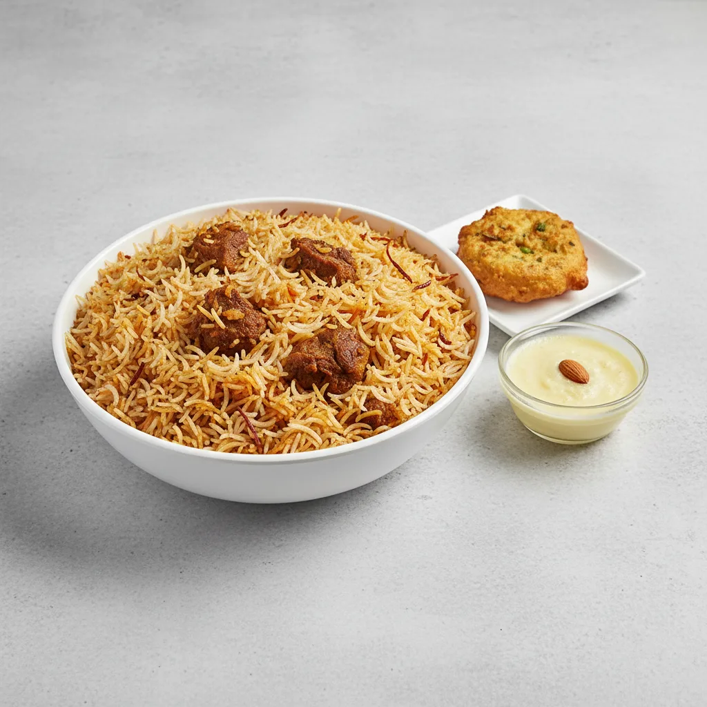 Boneless Goat Family Pack Biryani (with Appetizer and Dessert) Boneless Goat Family Pack Biryani (with Appetizer and Dessert)