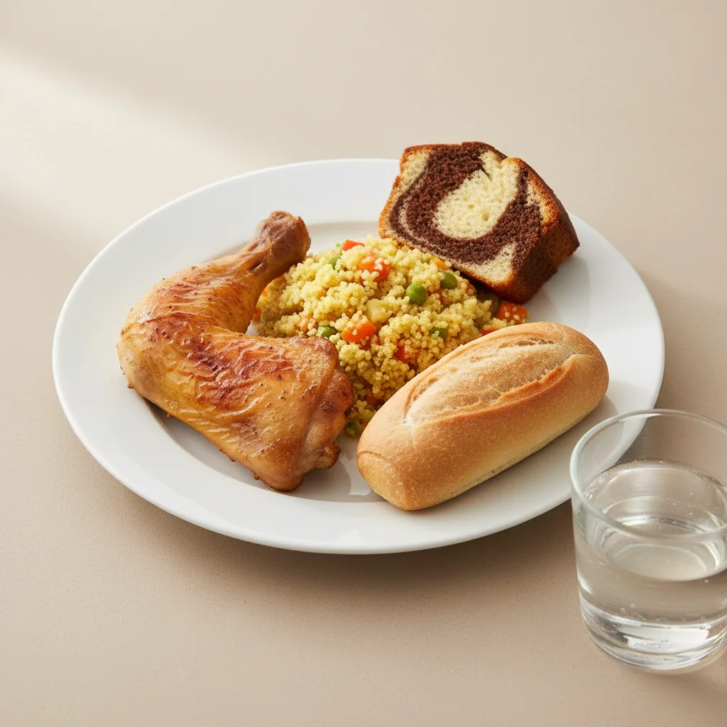 Spit-roasted Chicken, Curried Vegetable Couscous, Poundcake, Water Spit-roasted Chicken, Curried Vegetable Couscous, Poundcake, Water