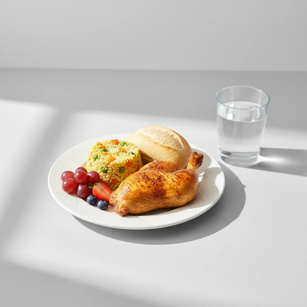 Spit-roasted Chicken, Curried Vegetable Couscous, Fruit, Water Spit-roasted Chicken, Curried Vegetable Couscous, Fruit, Water