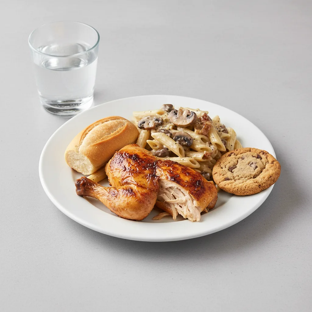 Spit-roasted Chicken, Penne with Mushroom, Cookie, Water Spit-roasted Chicken, Penne with Mushroom, Cookie, Water