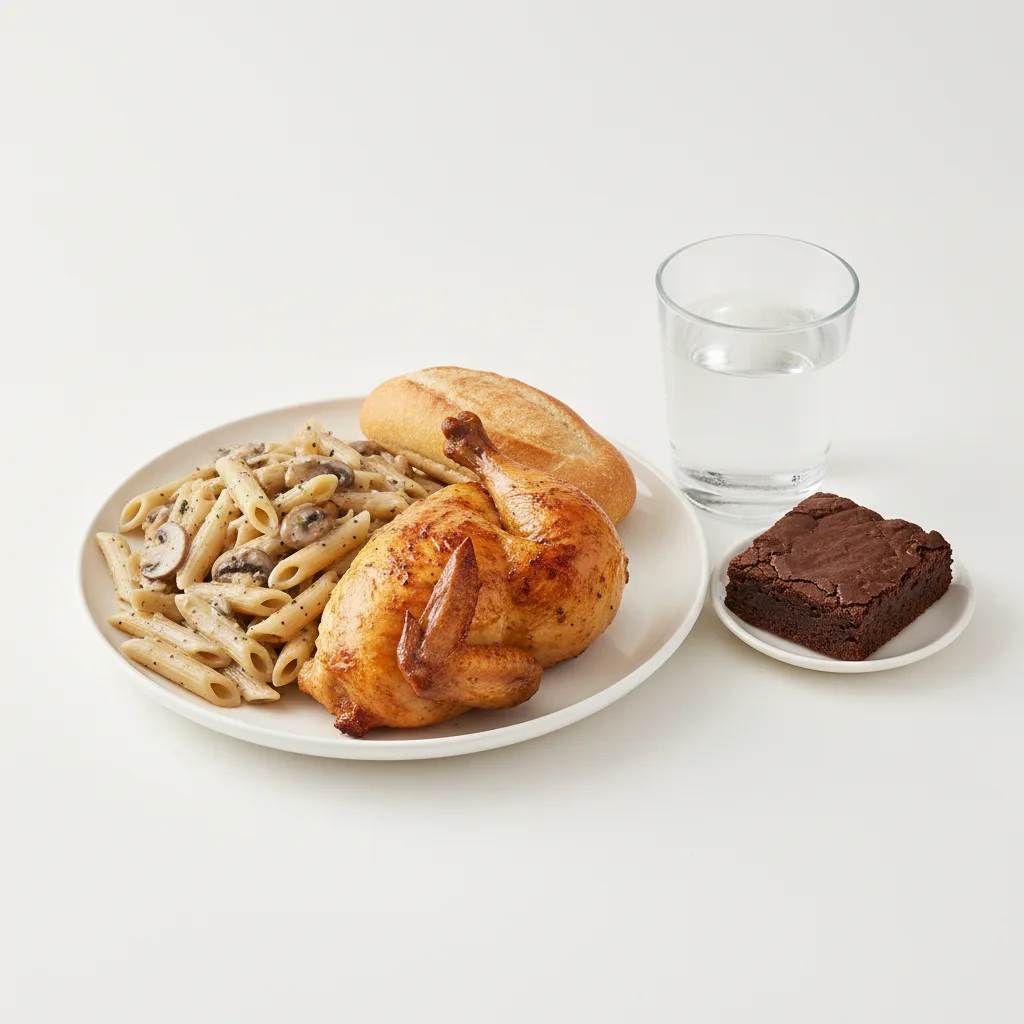 Spit-roasted Chicken, Penne with Mushroom, Brownie, Water Spit-roasted Chicken, Penne with Mushroom, Brownie, Water