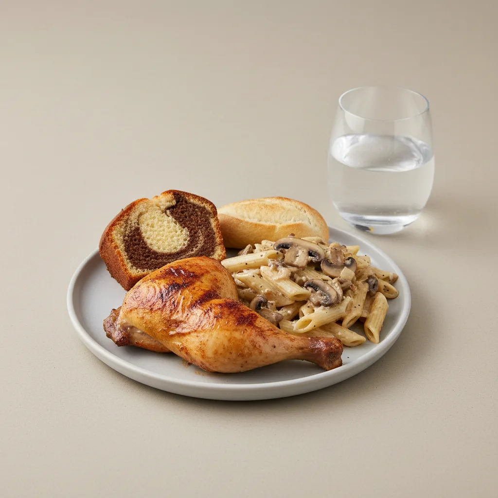 Spit-roasted Chicken, Penne with Mushroom, Poundcake, Water Spit-roasted Chicken, Penne with Mushroom, Poundcake, Water