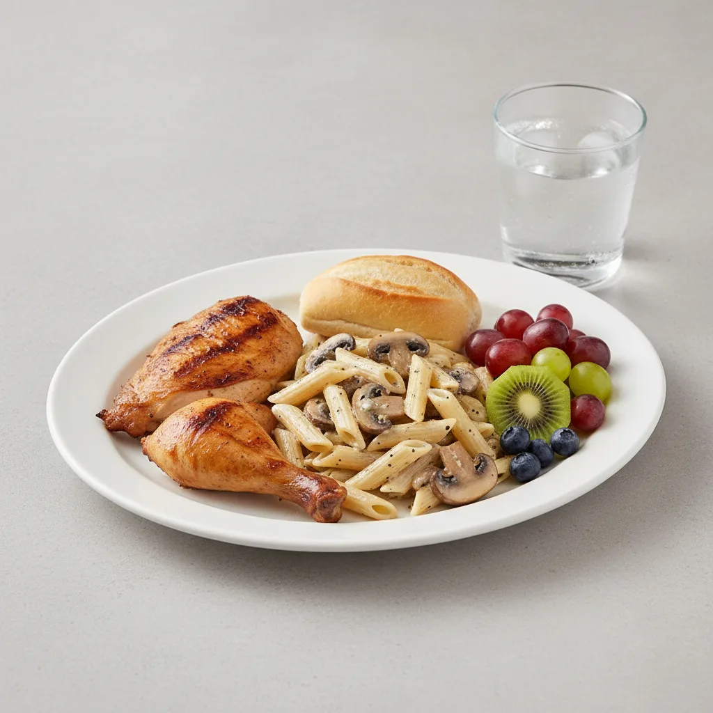 Spit-roasted Chicken, Penne with Mushroom, Fruit, Water Spit-roasted Chicken, Penne with Mushroom, Fruit, Water