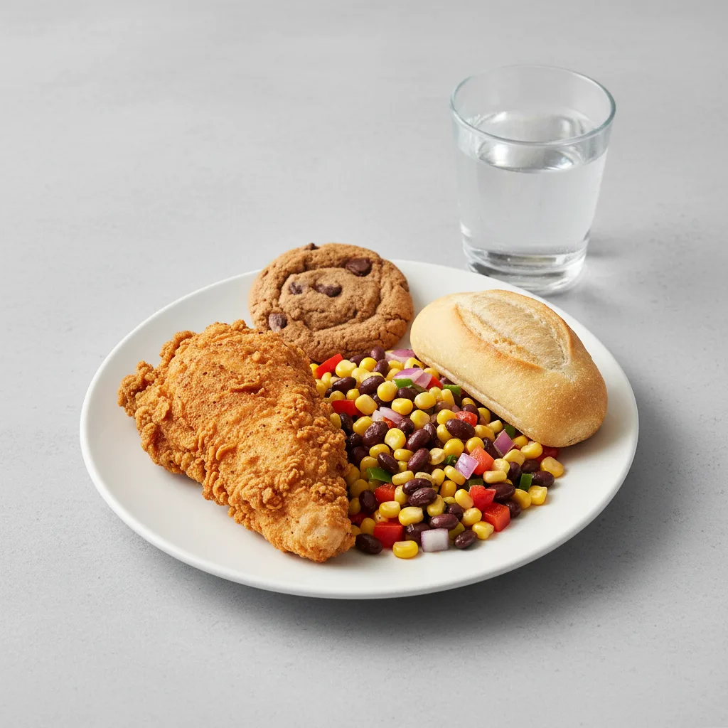 Fried Chicken, Corn and Bean Salad, Cookie, Water Fried Chicken, Corn and Bean Salad, Cookie, Water