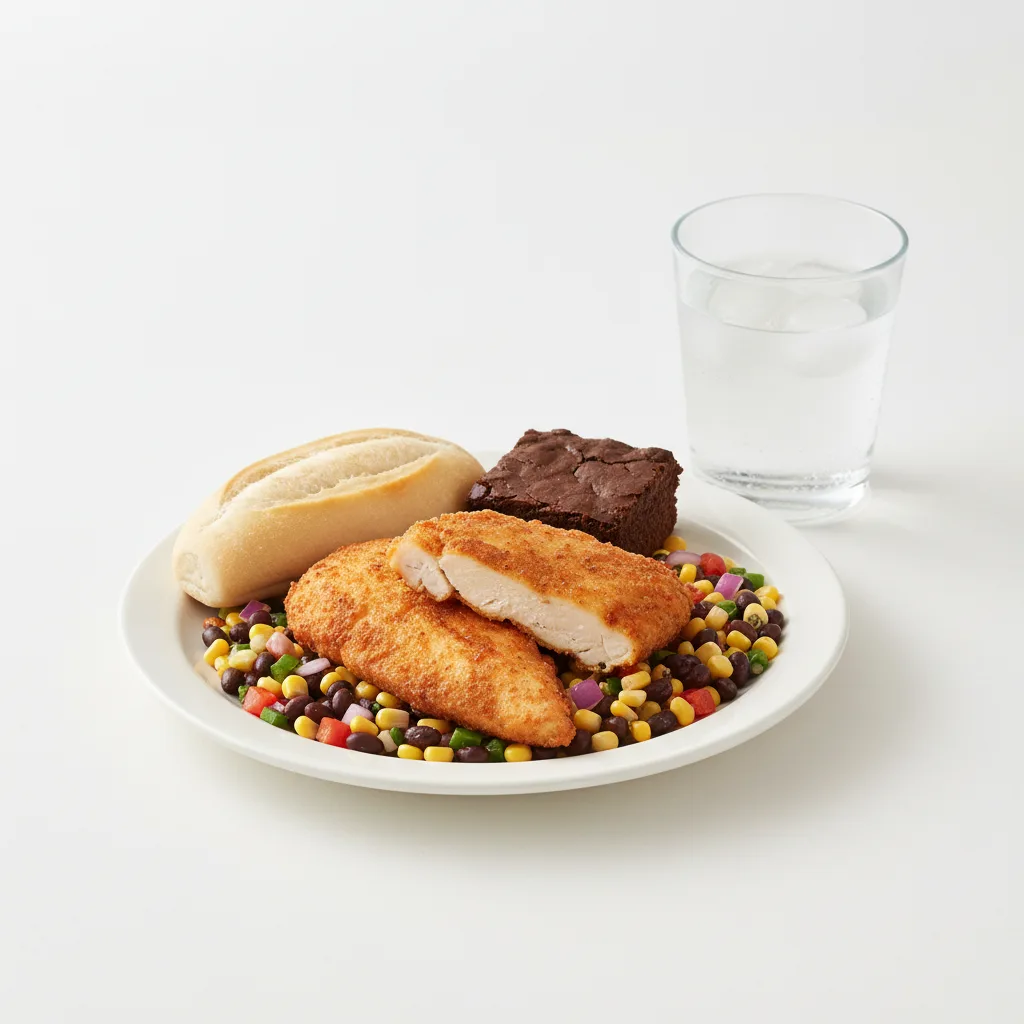 Fried Chicken, Corn and Bean Salad, Brownie, Water Fried Chicken, Corn and Bean Salad, Brownie, Water