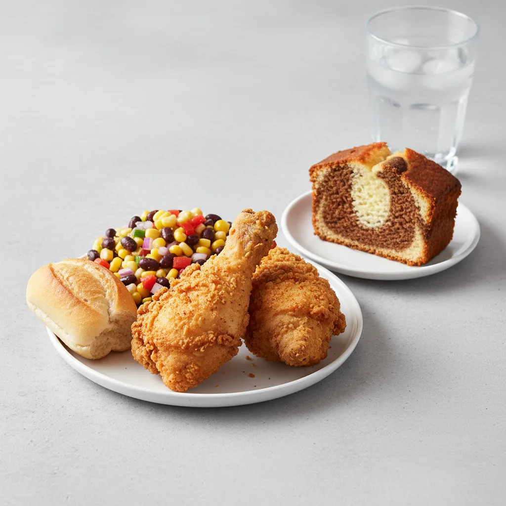 Fried Chicken, Corn and Bean Salad, Poundcake, Water Fried Chicken, Corn and Bean Salad, Poundcake, Water