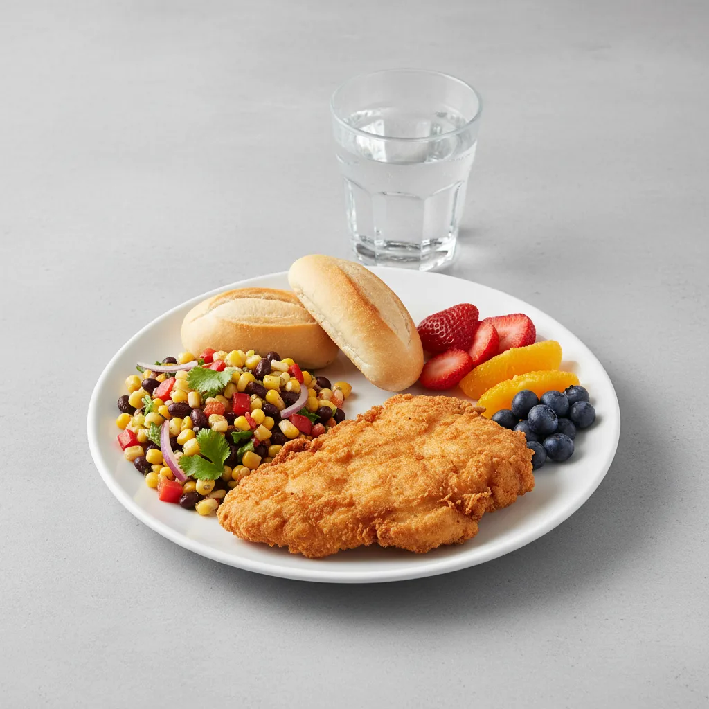 Fried Chicken Sandwich, Corn and Black Bean Salad, Fruit, Water Fried Chicken Sandwich, Corn and Black Bean Salad, Fruit, Water