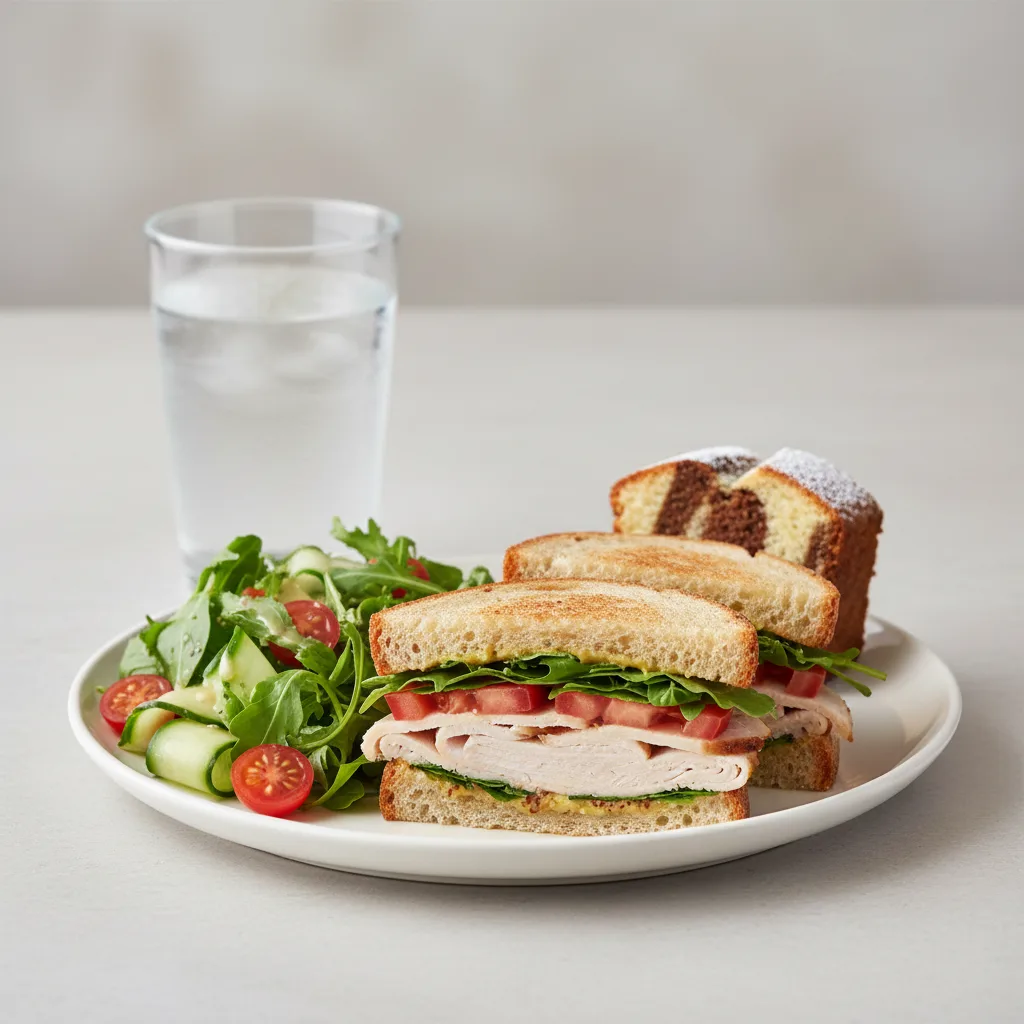 Turkey Sandwich with House Salad, Poundcake, Water Turkey Sandwich with House Salad, Poundcake, Water