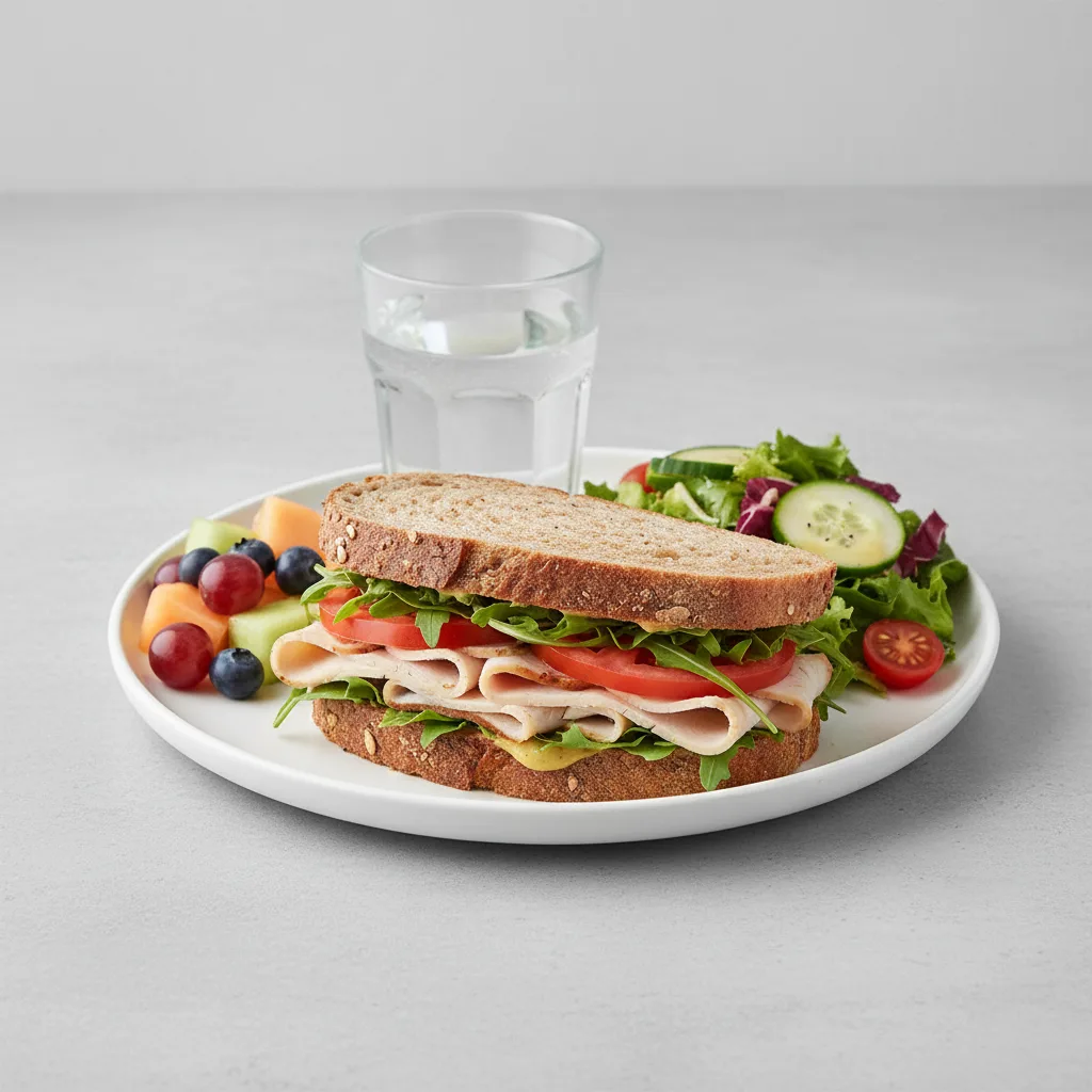 Turkey Sandwich with House Salad, Fruit, Water Turkey Sandwich with House Salad, Fruit, Water