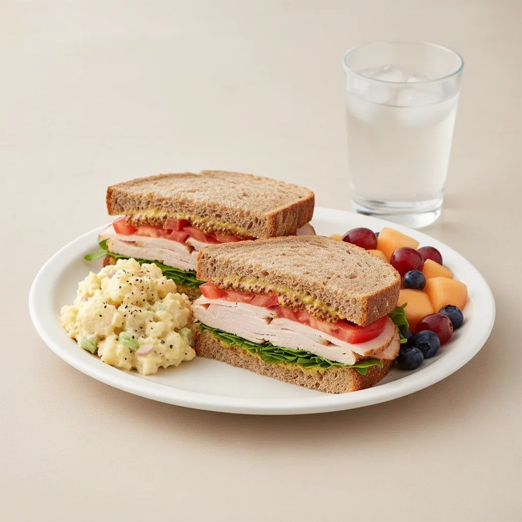 Turkey Sandwich with Potato Salad, Fruit, Water Turkey Sandwich with Potato Salad, Fruit, Water