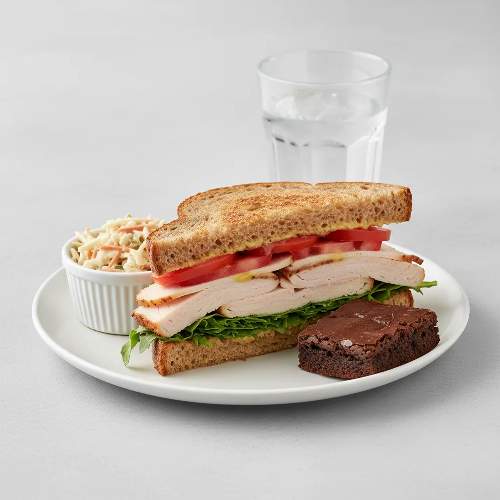 Turkey Sandwich with Coleslaw, Eli's Brownie, Water Turkey Sandwich with Coleslaw, Eli's Brownie, Water