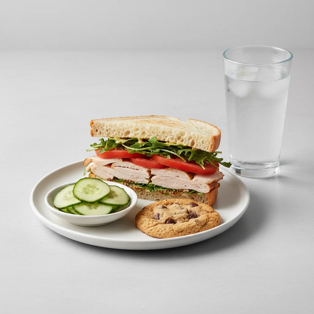 Turkey Sandwich with Cucumber Salad, Cookie, Water Turkey Sandwich with Cucumber Salad, Cookie, Water