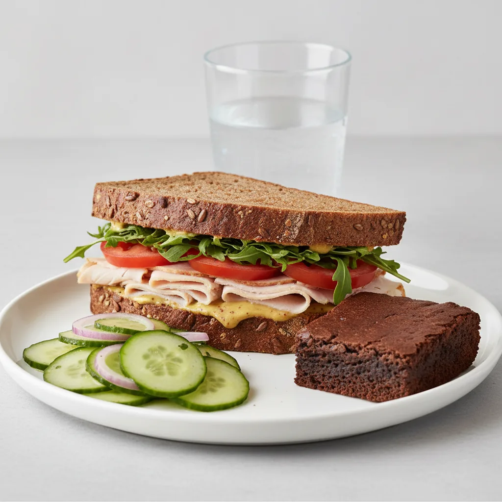 Turkey Sandwich with Cucumber Salad, Eli's Brownie, Water Turkey Sandwich with Cucumber Salad, Eli's Brownie, Water