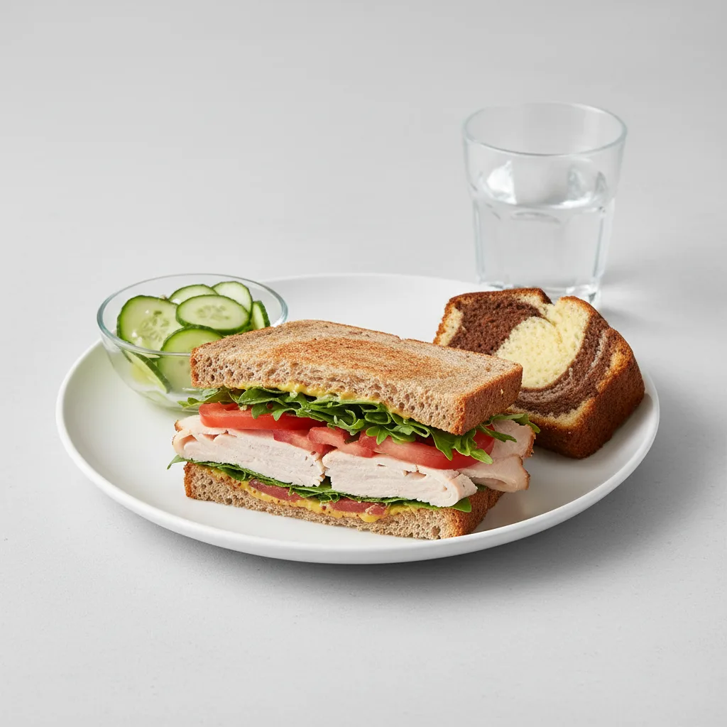 Turkey Sandwich with Cucumber Salad, Poundcake, Water Turkey Sandwich with Cucumber Salad, Poundcake, Water