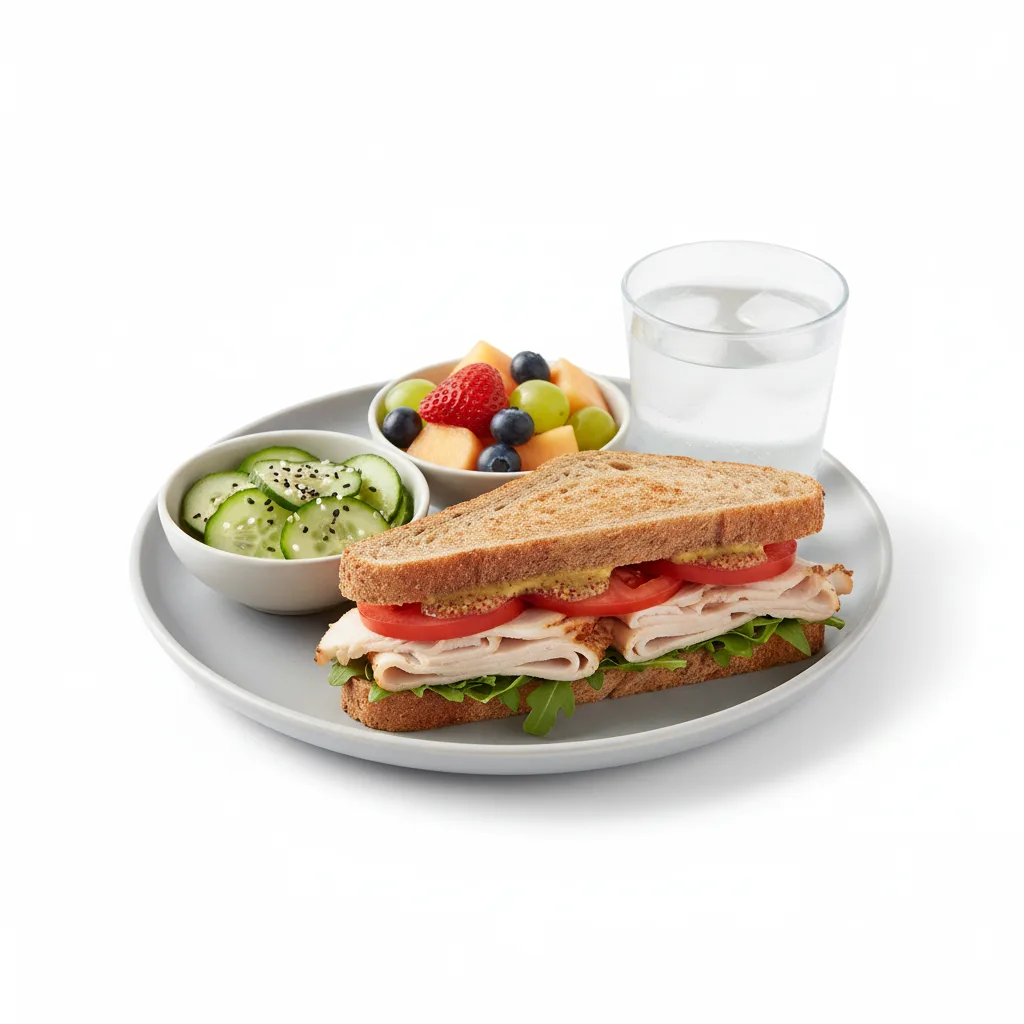 Turkey Sandwich with Cucumber Salad, Fruit, Water Turkey Sandwich with Cucumber Salad, Fruit, Water