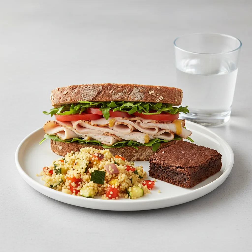Turkey Sandwich with Couscous, Eli's Brownie, Water Turkey Sandwich with Couscous, Eli's Brownie, Water
