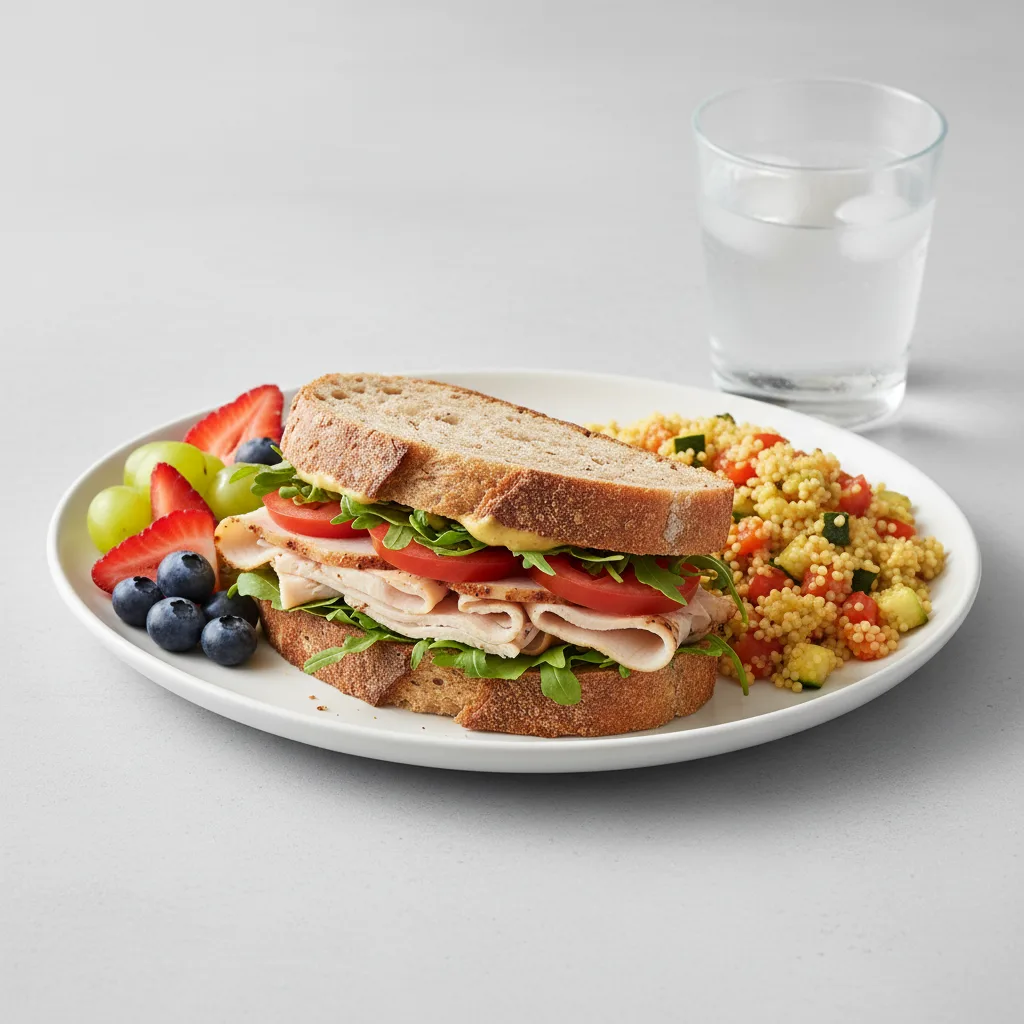 Turkey Sandwich with Couscous, Fruit, Water Turkey Sandwich with Couscous, Fruit, Water