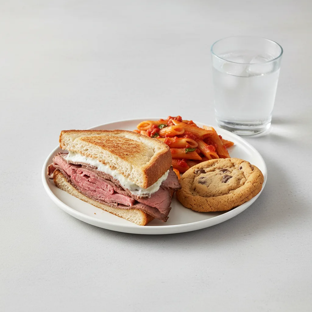 Roast Beef Sandwich, Tomato Basil Penne, Cookie, Water Roast Beef Sandwich, Tomato Basil Penne, Cookie, Water