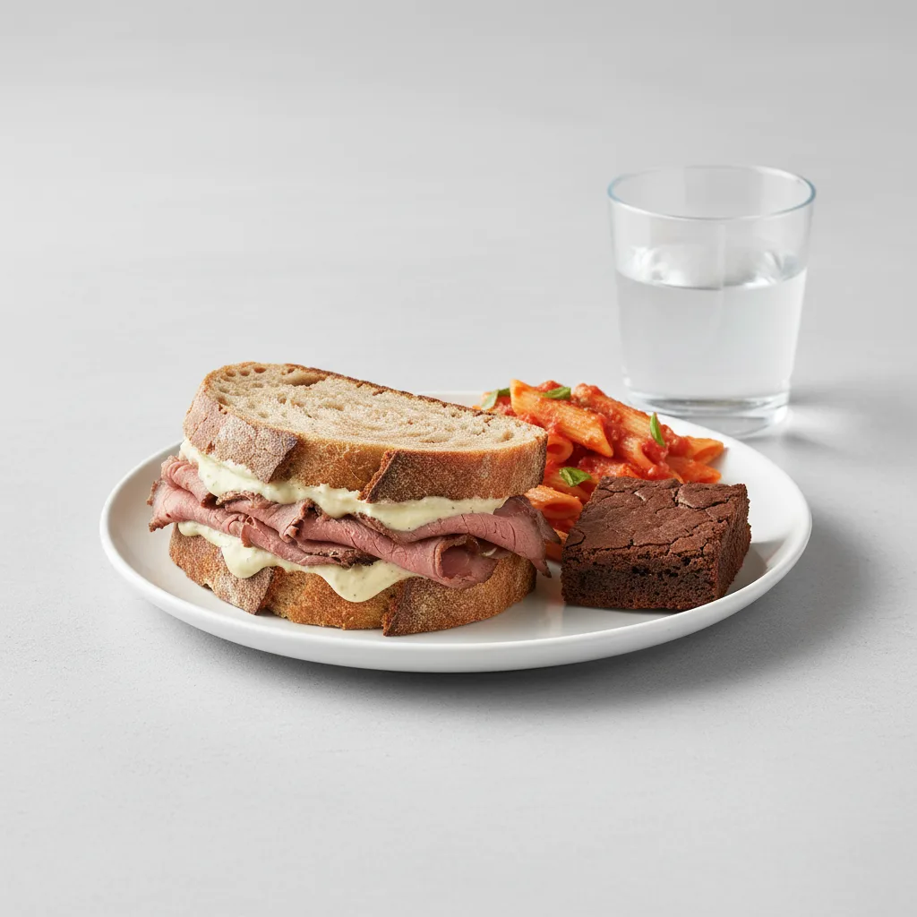 Roast Beef Sandwich, Tomato Basil Penne, Eli's Brownie, Water Roast Beef Sandwich, Tomato Basil Penne, Eli's Brownie, Water