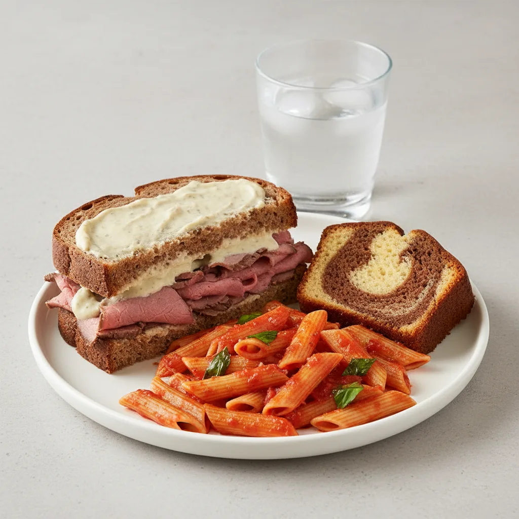 Roast Beef Sandwich, Tomato Basil Penne, Poundcake, Water Roast Beef Sandwich, Tomato Basil Penne, Poundcake, Water