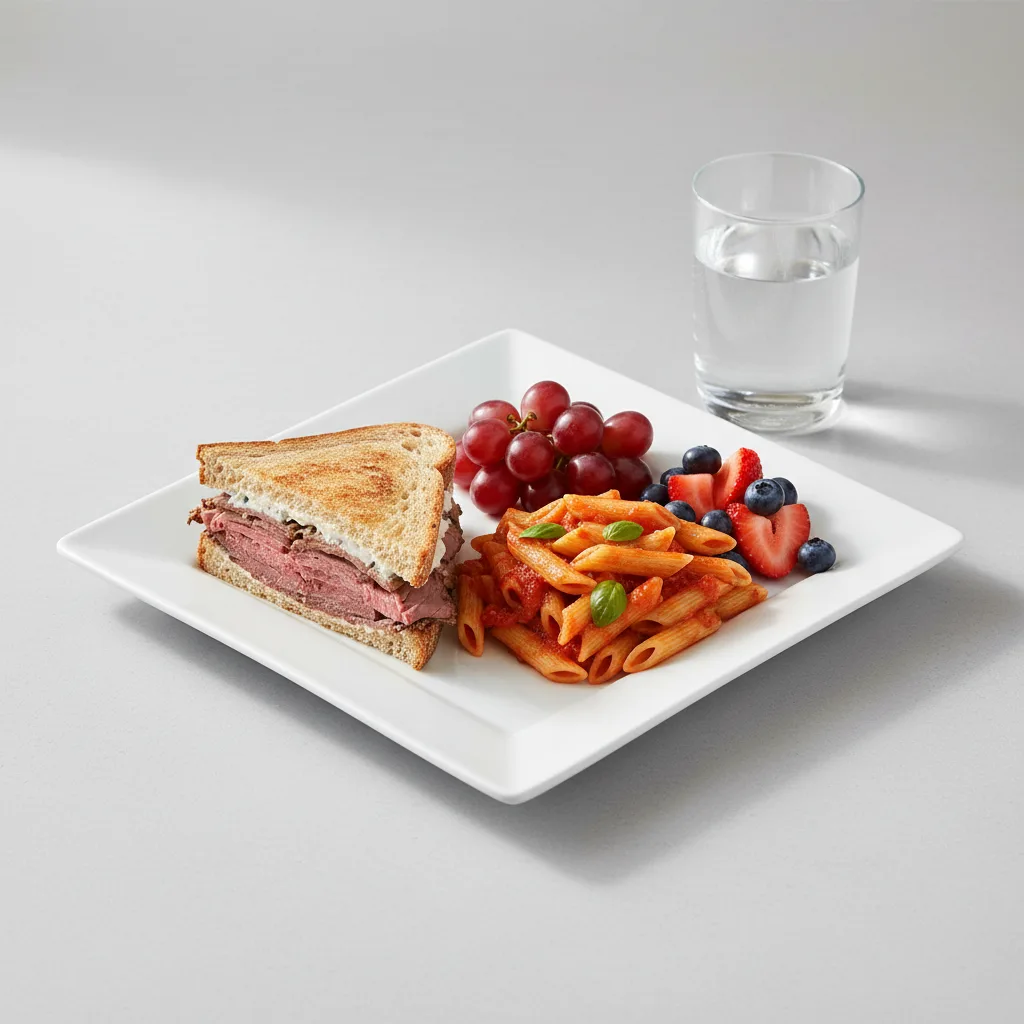 Roast Beef Sandwich, Tomato Basil Penne, Fruit, Water Roast Beef Sandwich, Tomato Basil Penne, Fruit, Water