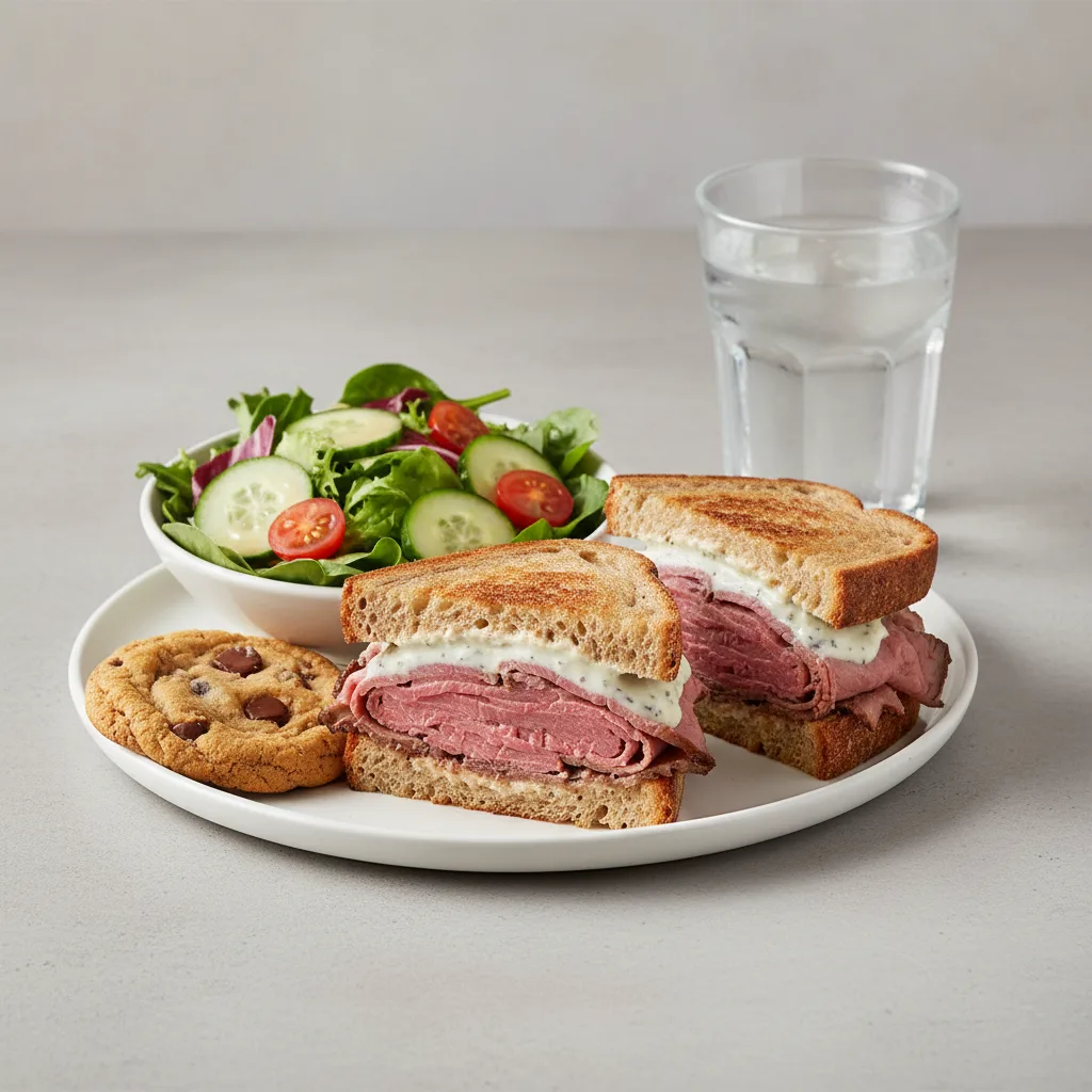 Roast Beef Sandwich, House Salad, Cookie, Water Roast Beef Sandwich, House Salad, Cookie, Water