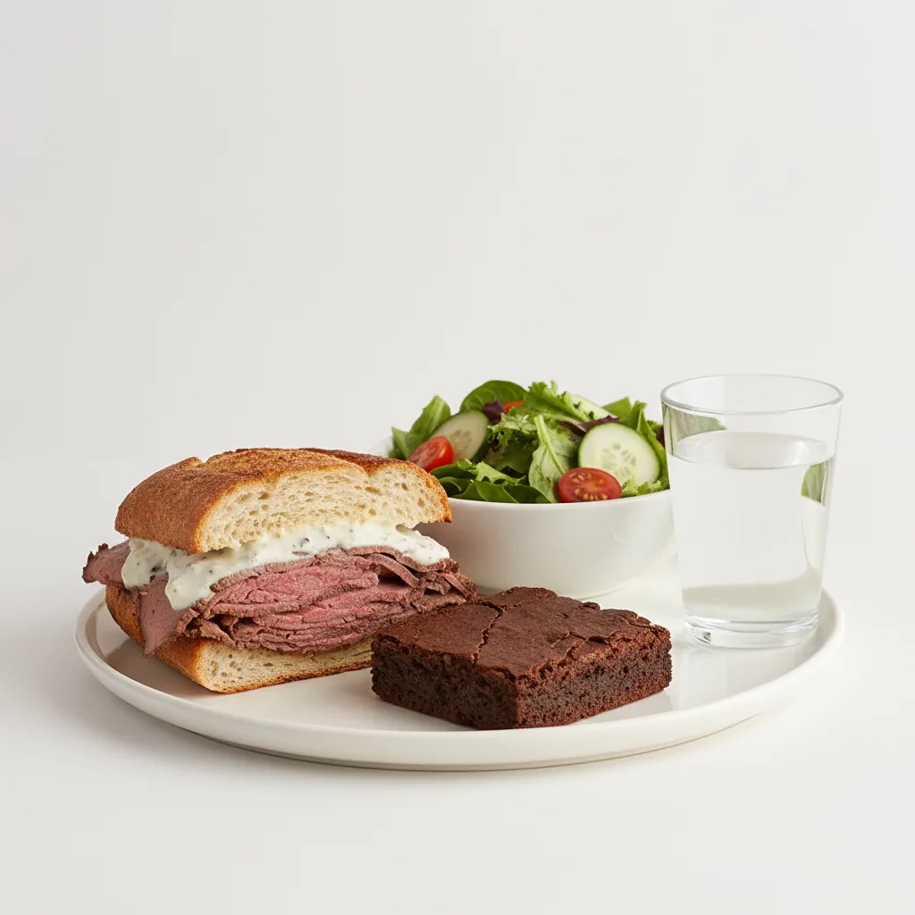 Roast Beef Sandwich, House Salad, Eli's Brownie, Water Roast Beef Sandwich, House Salad, Eli's Brownie, Water