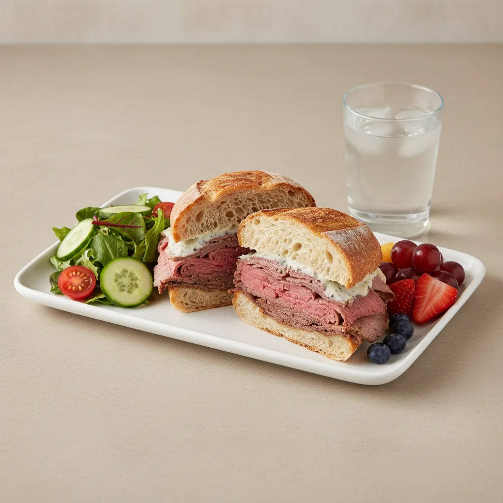 Roast Beef Sandwich, House Salad, Fruit, Water Roast Beef Sandwich, House Salad, Fruit, Water