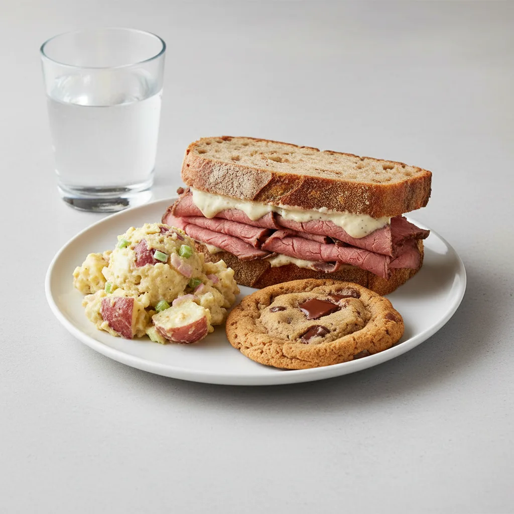 Roast Beef Sandwich, Potato Salad, Cookie, Water Roast Beef Sandwich, Potato Salad, Cookie, Water