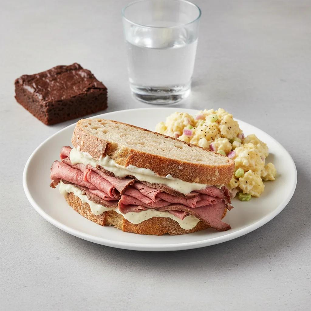 Roast Beef Sandwich, Potato Salad, Eli's Brownie, Water Roast Beef Sandwich, Potato Salad, Eli's Brownie, Water