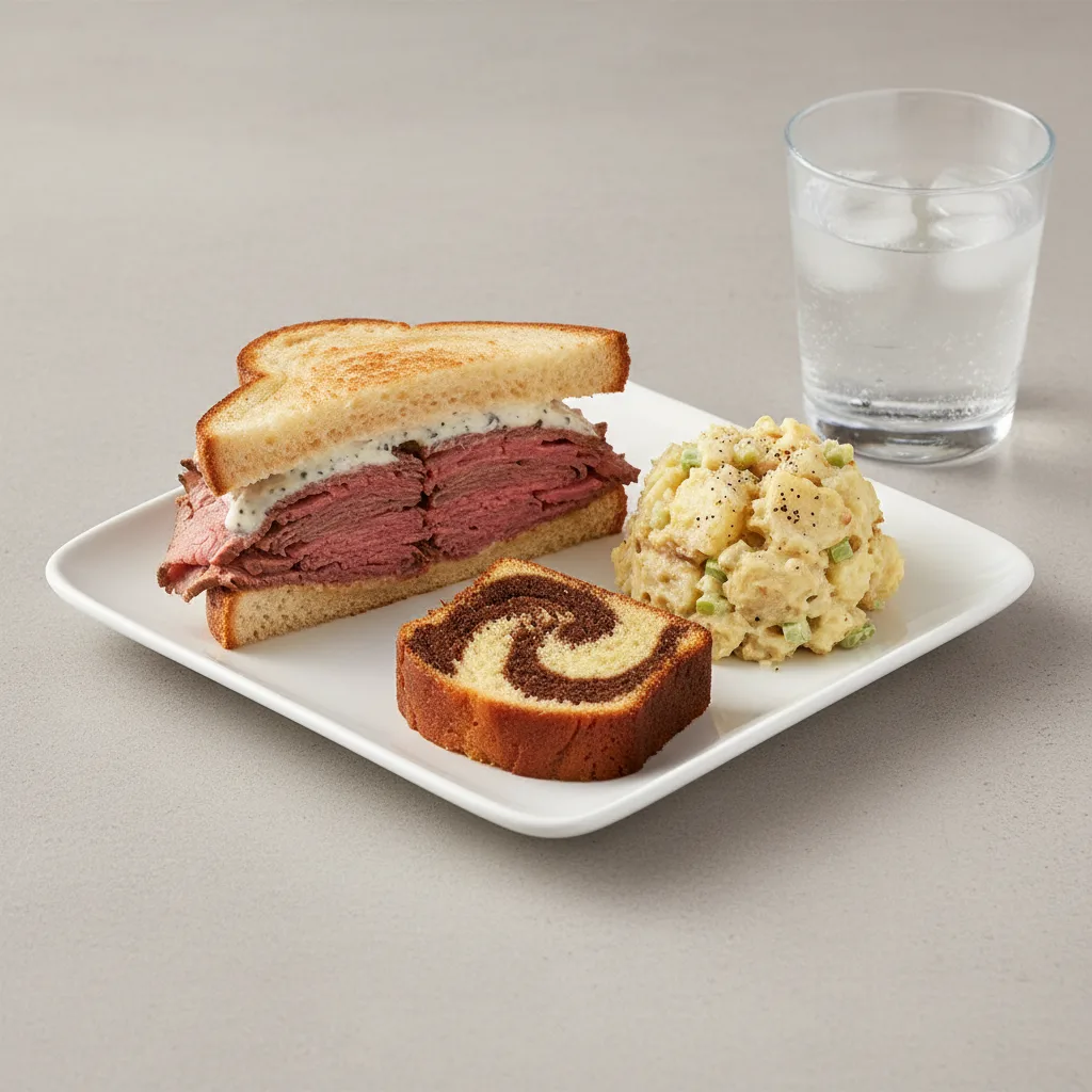 Roast Beef Sandwich, Potato Salad, Poundcake, Water Roast Beef Sandwich, Potato Salad, Poundcake, Water