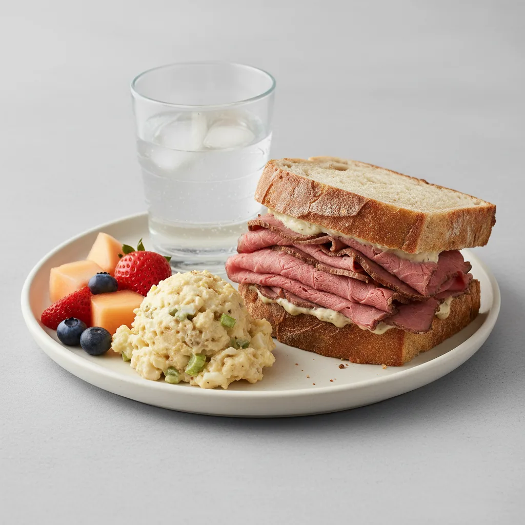 Roast Beef Sandwich, Potato Salad, Fruit, Water Roast Beef Sandwich, Potato Salad, Fruit, Water