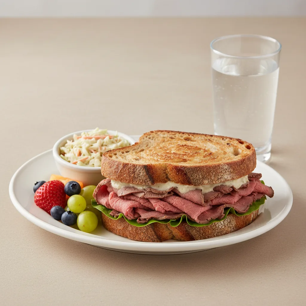 Roast Beef Sandwich, Coleslaw, Fruit, Water Roast Beef Sandwich, Coleslaw, Fruit, Water