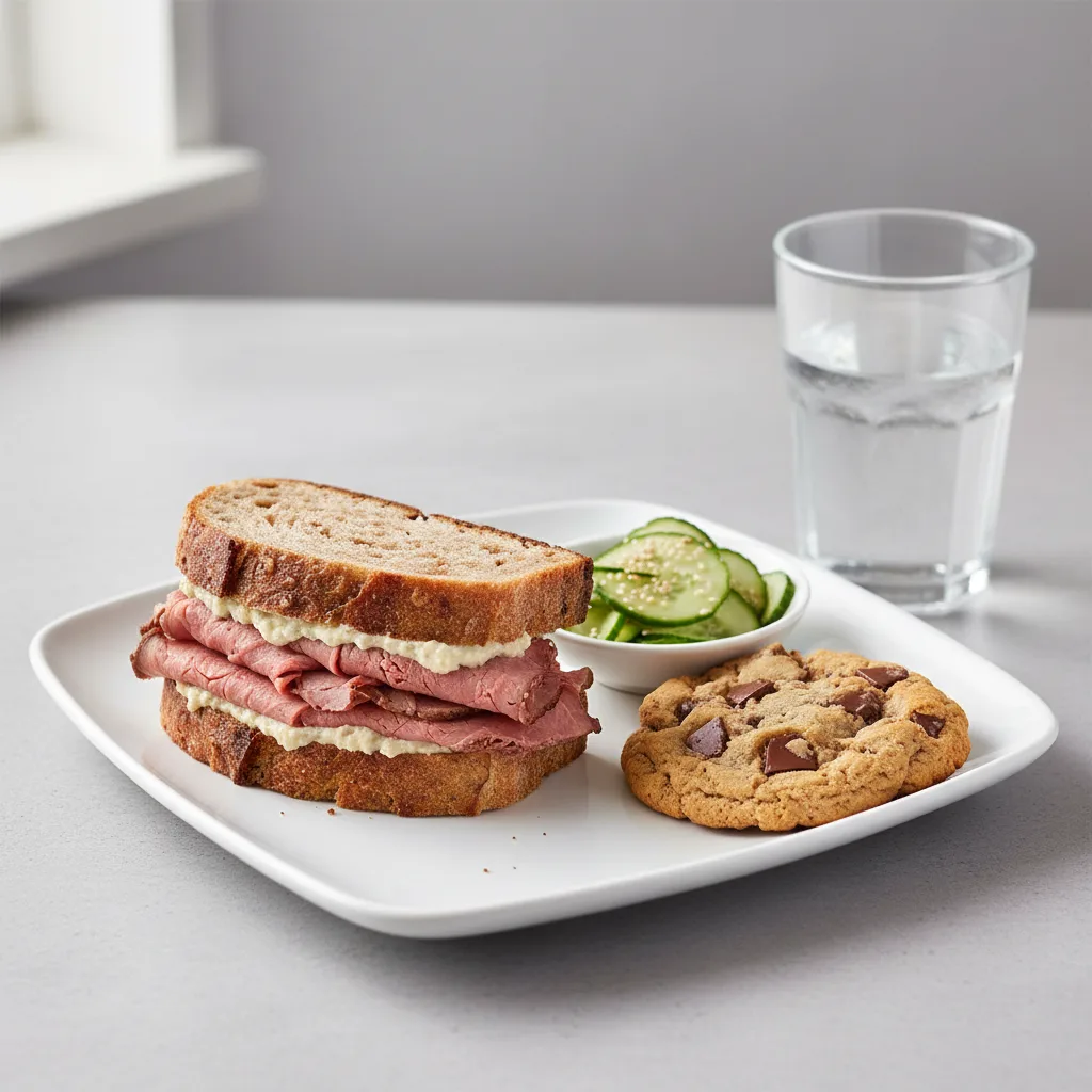 Roast Beef Sandwich, Cucumber Salad, Cookie, Water Roast Beef Sandwich, Cucumber Salad, Cookie, Water