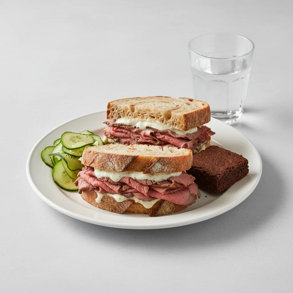 Roast Beef Sandwich, Cucumber Salad, Eli's Brownie, Water Roast Beef Sandwich, Cucumber Salad, Eli's Brownie, Water