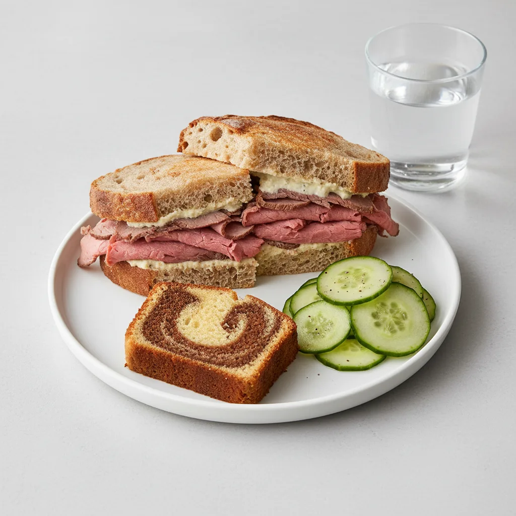 Roast Beef Sandwich, Cucumber Salad, Poundcake, Water Roast Beef Sandwich, Cucumber Salad, Poundcake, Water