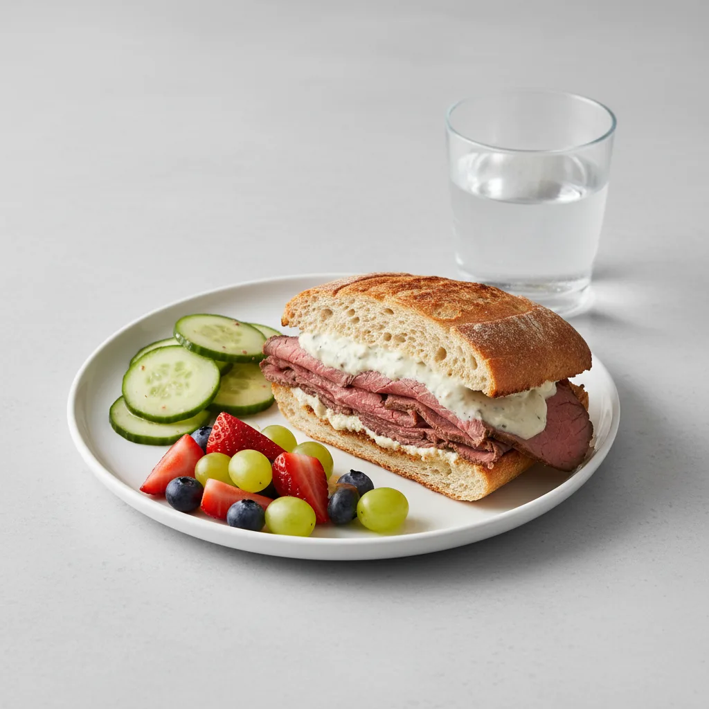 Roast Beef Sandwich, Cucumber Salad, Fruit, Water Roast Beef Sandwich, Cucumber Salad, Fruit, Water