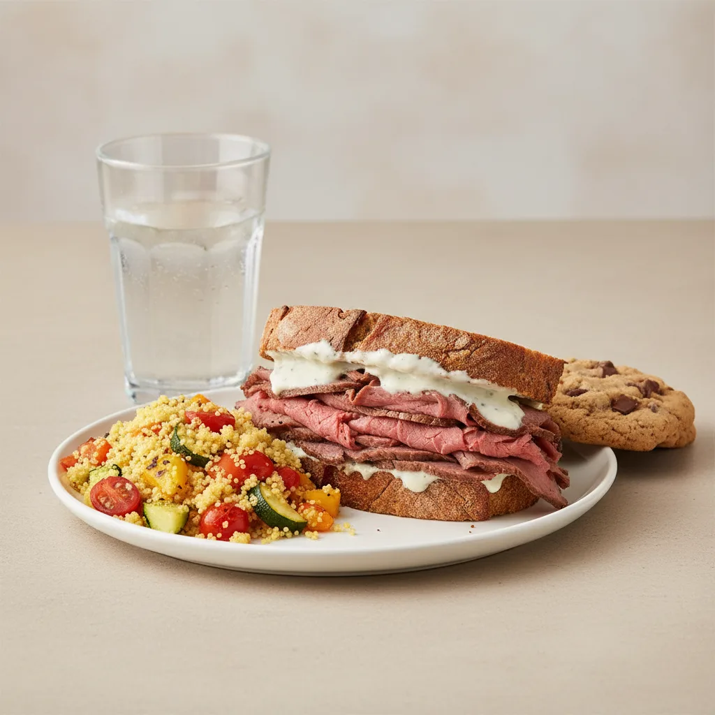 Roast Beef Sandwich, Couscous, Cookie, Water Roast Beef Sandwich, Couscous, Cookie, Water